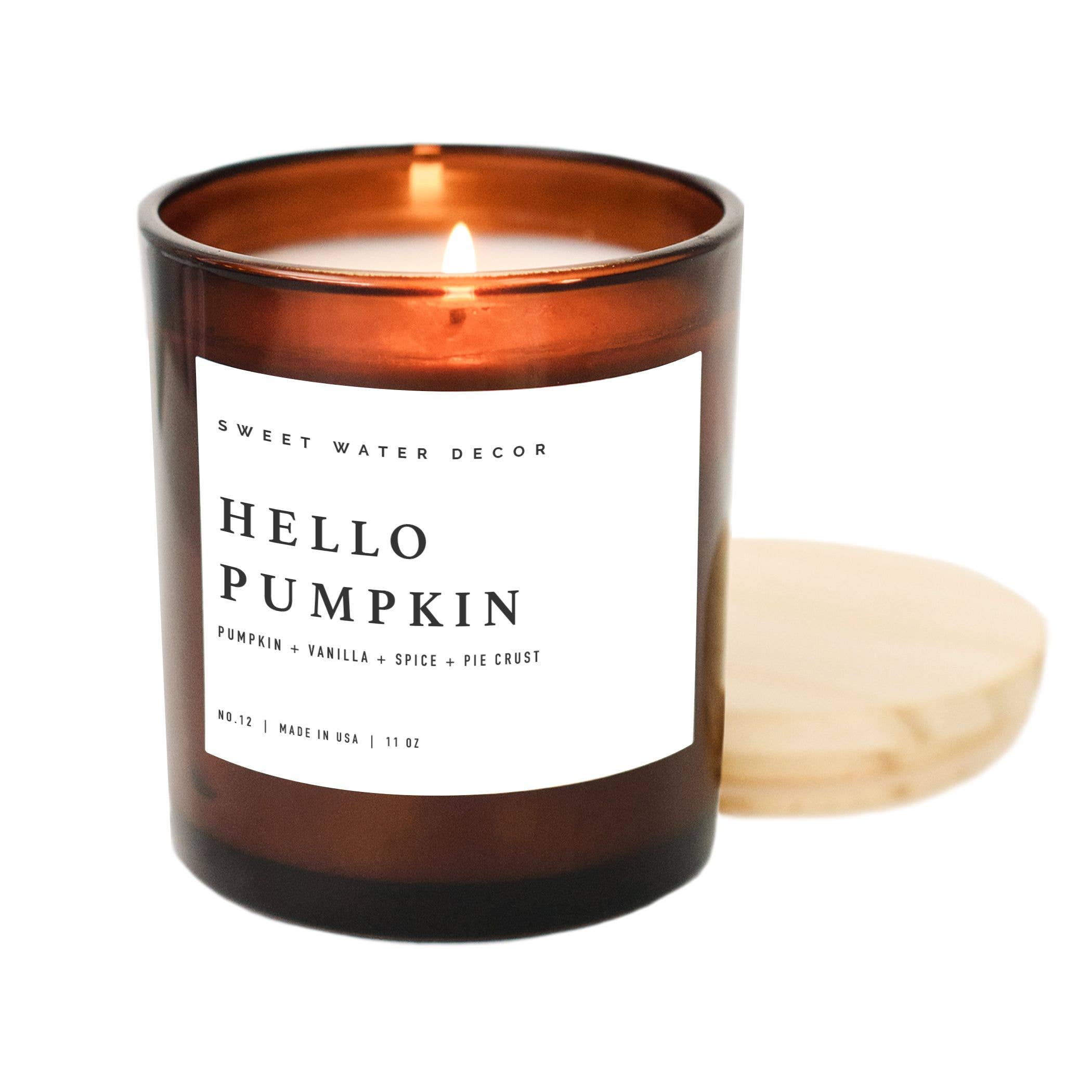 Sweet Water Decor Hello Pumpkin 11 oz Soy Candle in Amber Jar with Lid