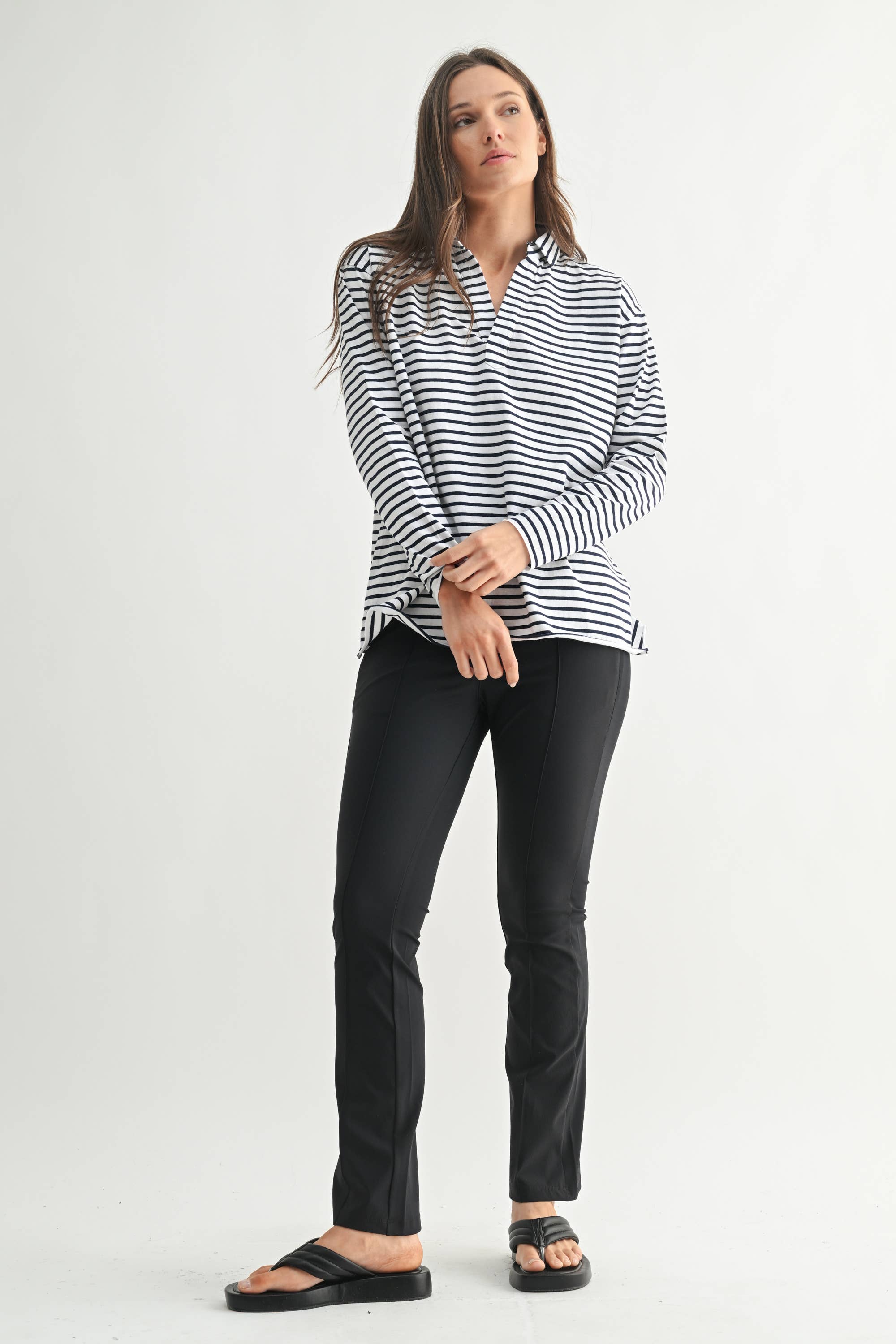 Mono B Coastal Cotton Striped Henley Tee