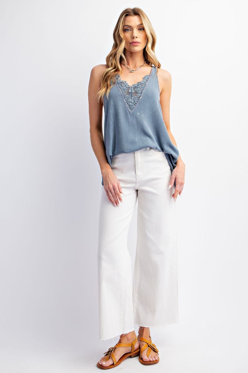 Easel Mineral Washed Rayon Tank with Crochet Inset V Neck