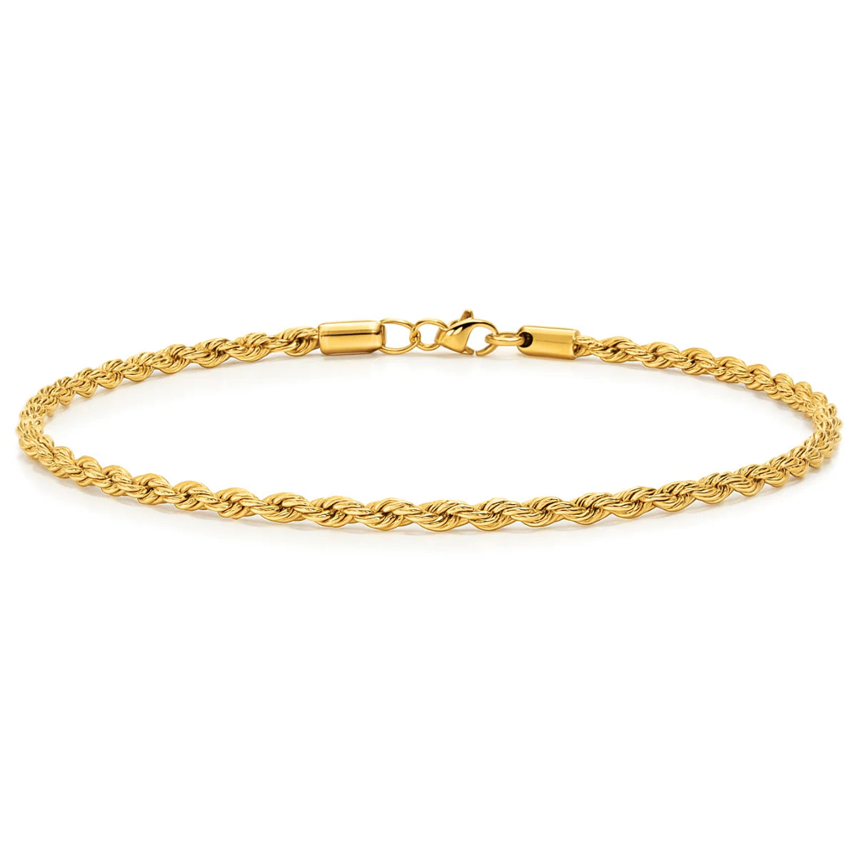 Gold rope chain bracelet on a white background