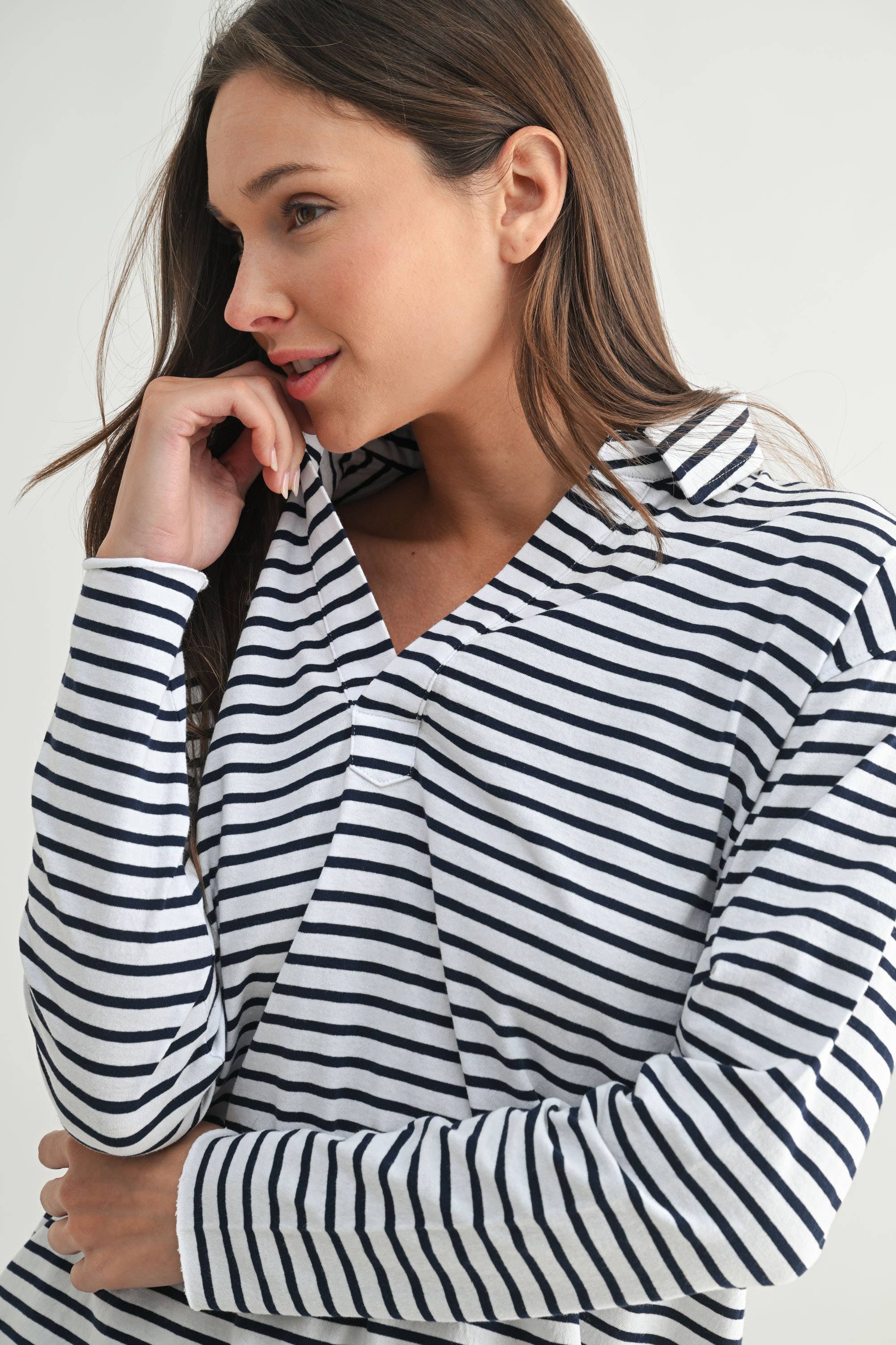Mono B Coastal Cotton Striped Henley Tee