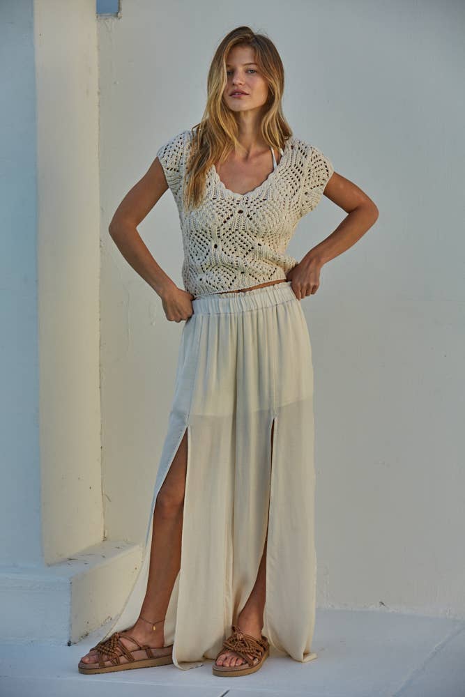 By Together Cotton Crochet V Neck Cap Sleeve Sweater