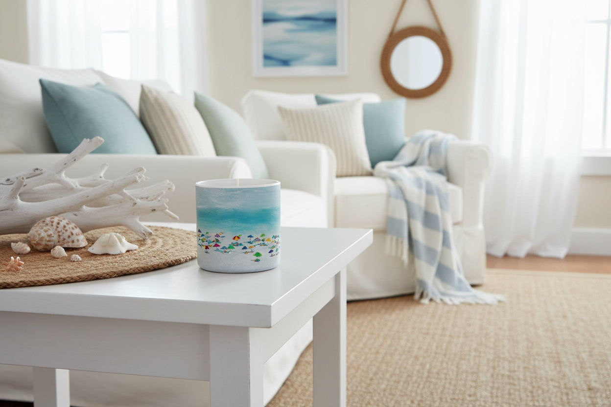 Candle with beach design on a white background