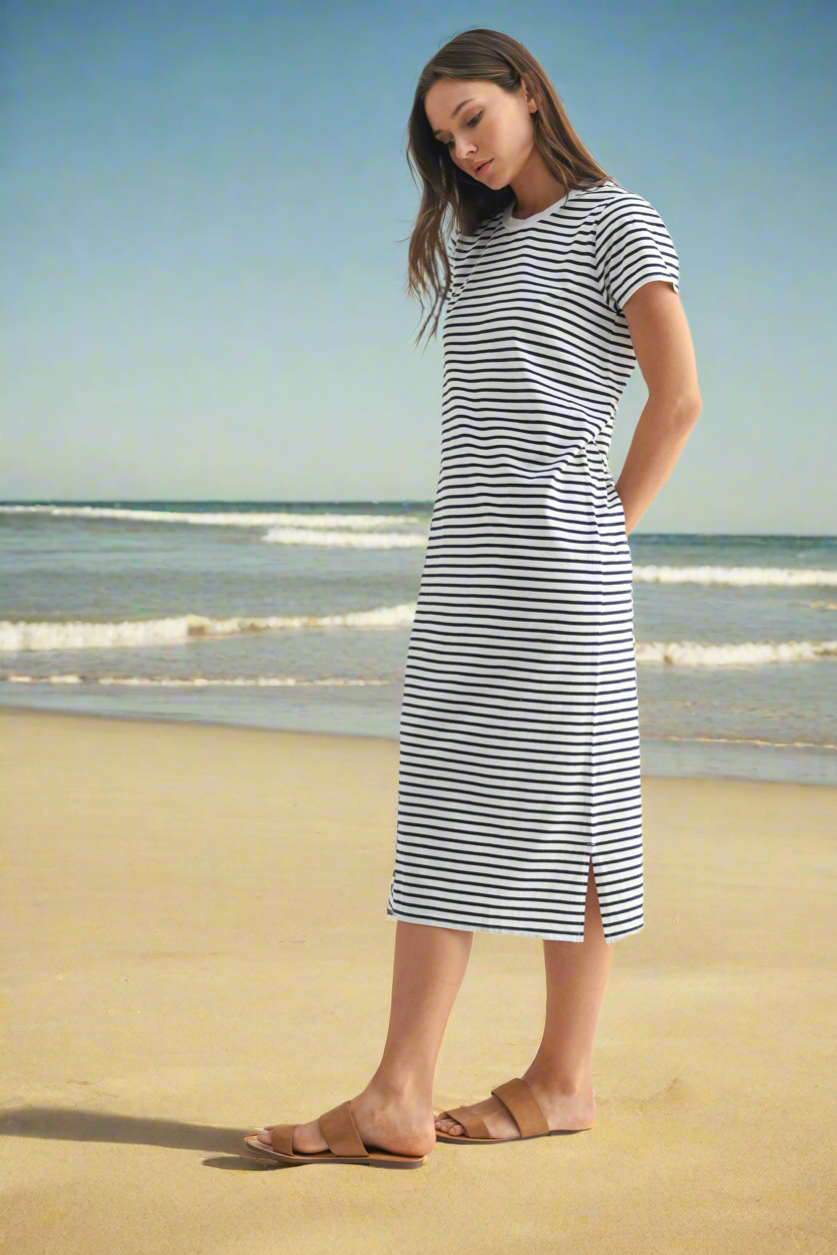 Mono B - Coastal Cotton Striped Tee Dress
