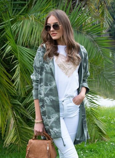 Venti 6 Camouflage Jacket with Bottom Hem Tie Detail