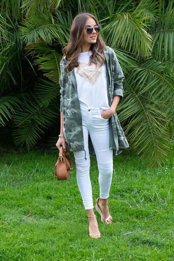 Venti 6 Camouflage Jacket with Bottom Hem Tie Detail
