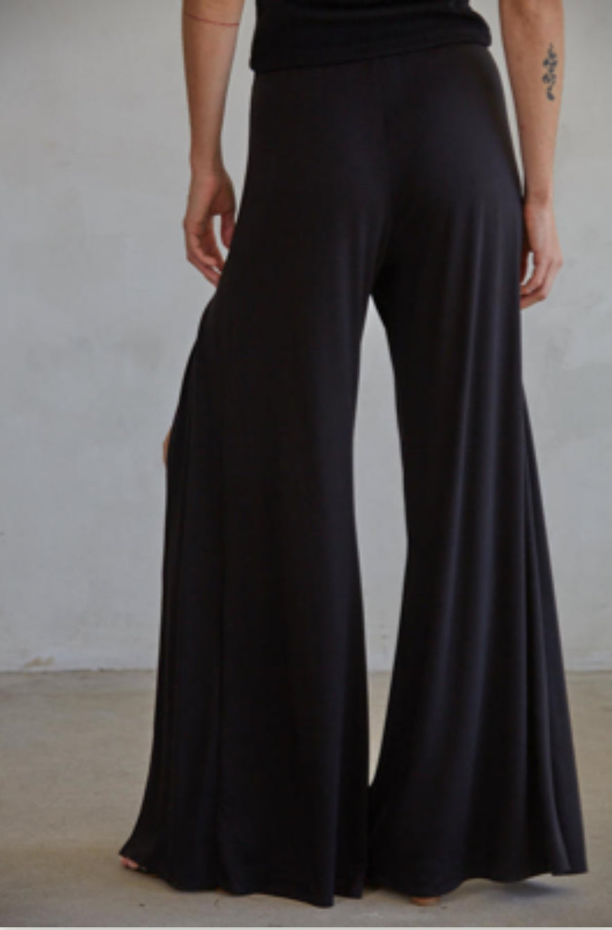 Person wearing black wide-leg pants against a plain background