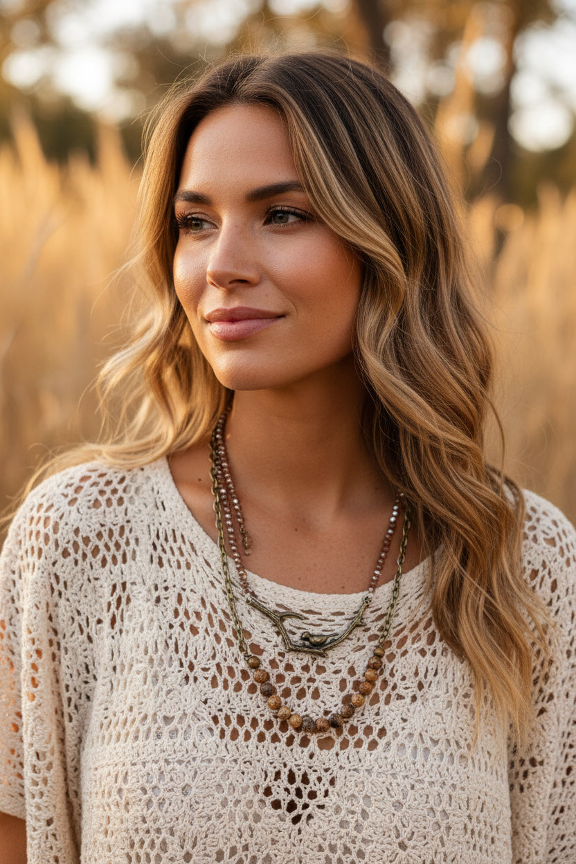 Necklace with beads and bird branch pendant on a mannequin bust.