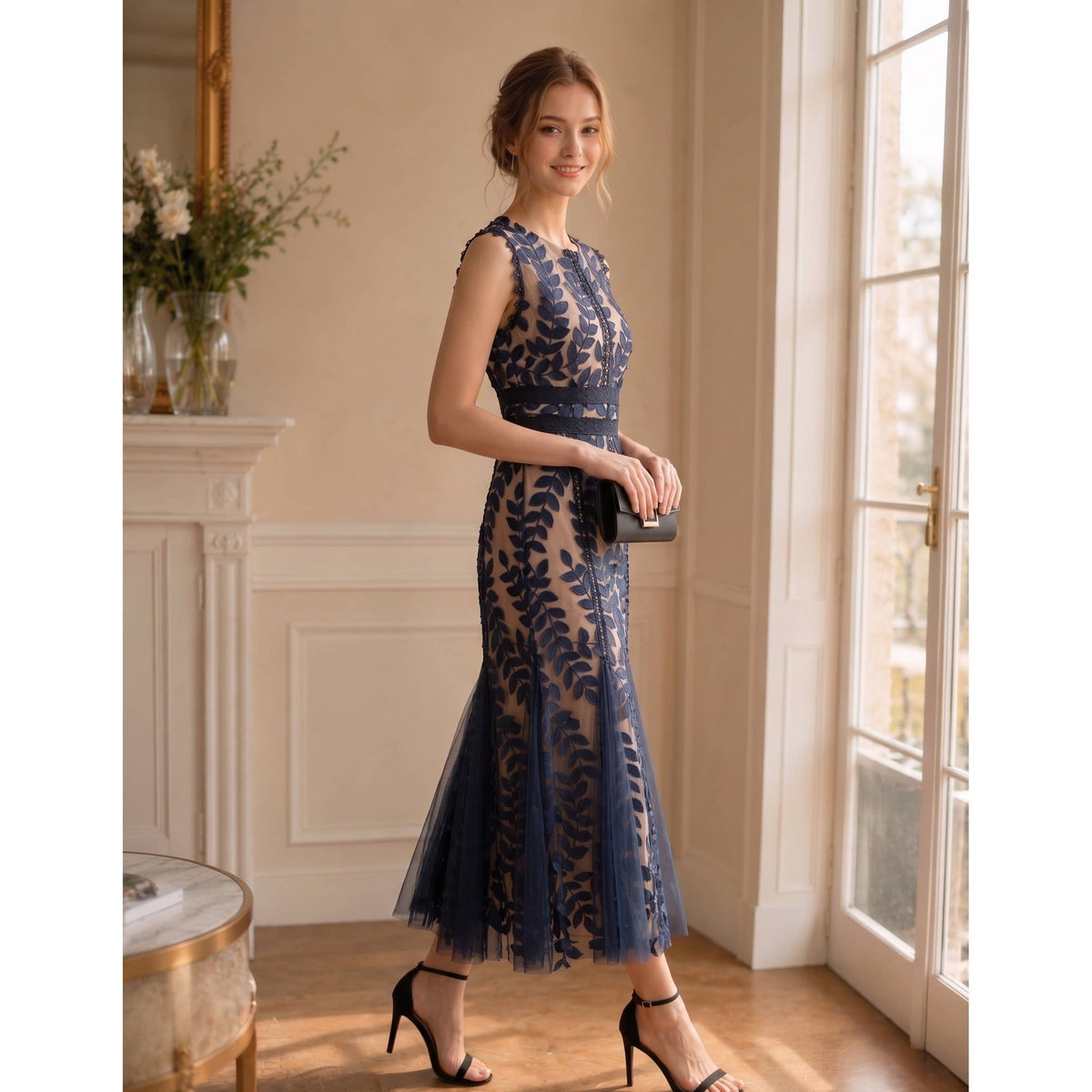 A woman models a sleeveless navy blue lace midi dress with a sheer tulle hem, standing in a bright, elegant room with cream walls and large windows.