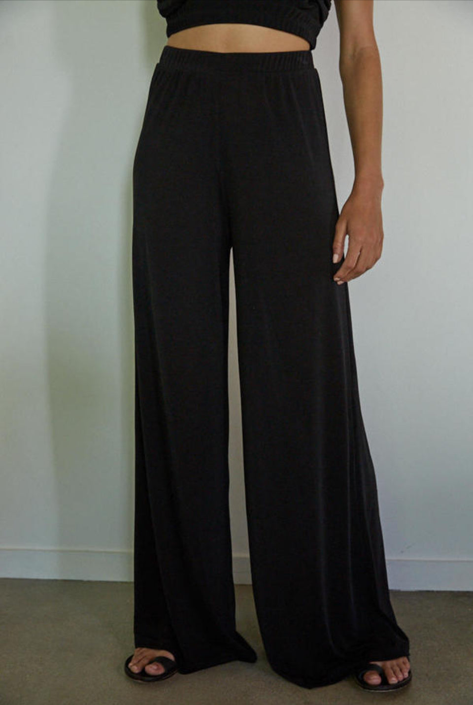 Person wearing black wide-leg pants against a plain background