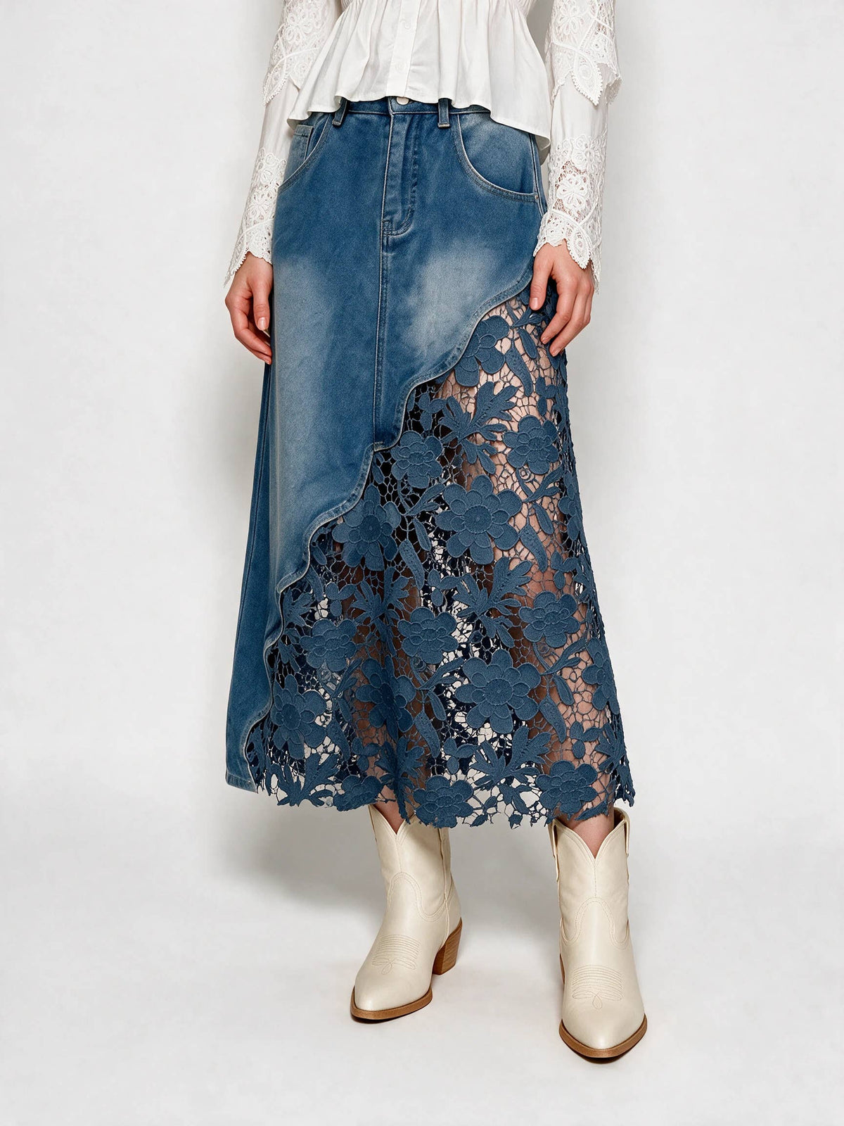 Blue B - Denim + Lace Midi Skirt