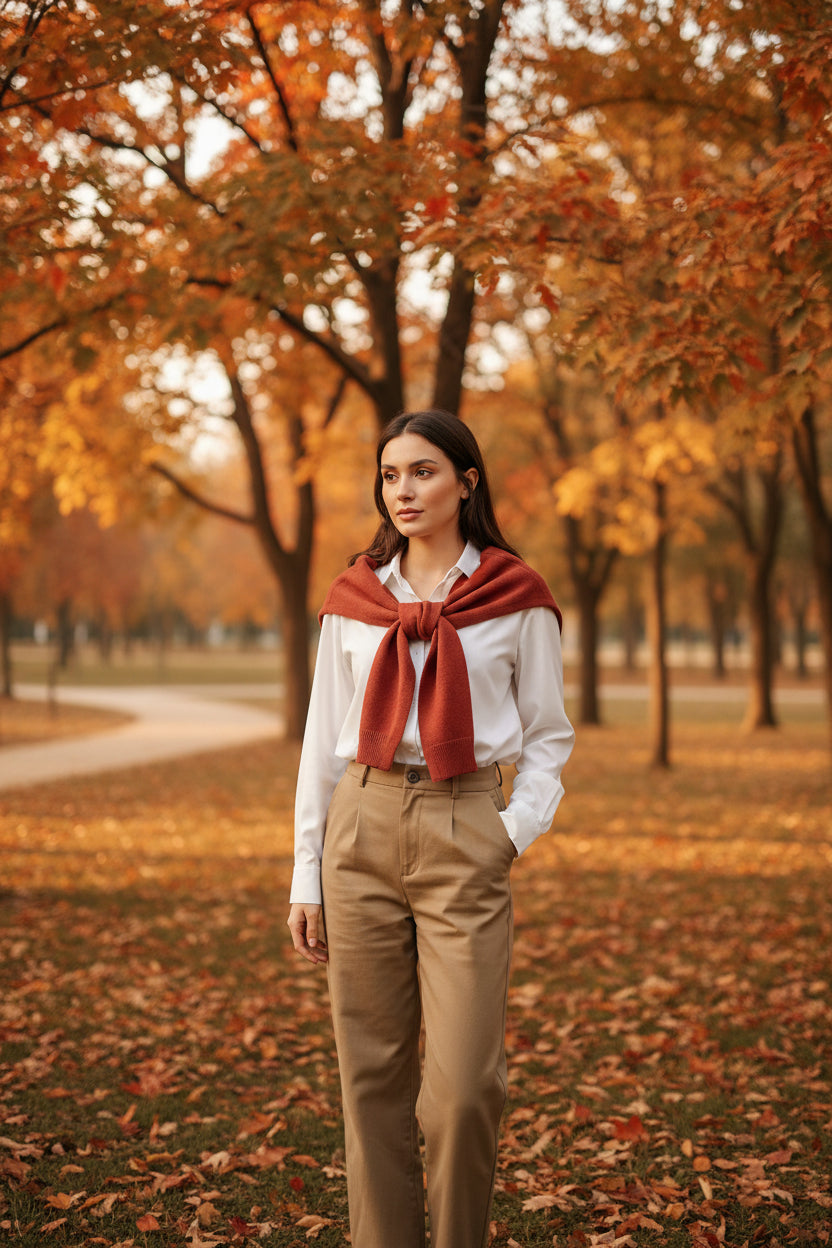 Red knitted shrug on a hanger against a white curtain background