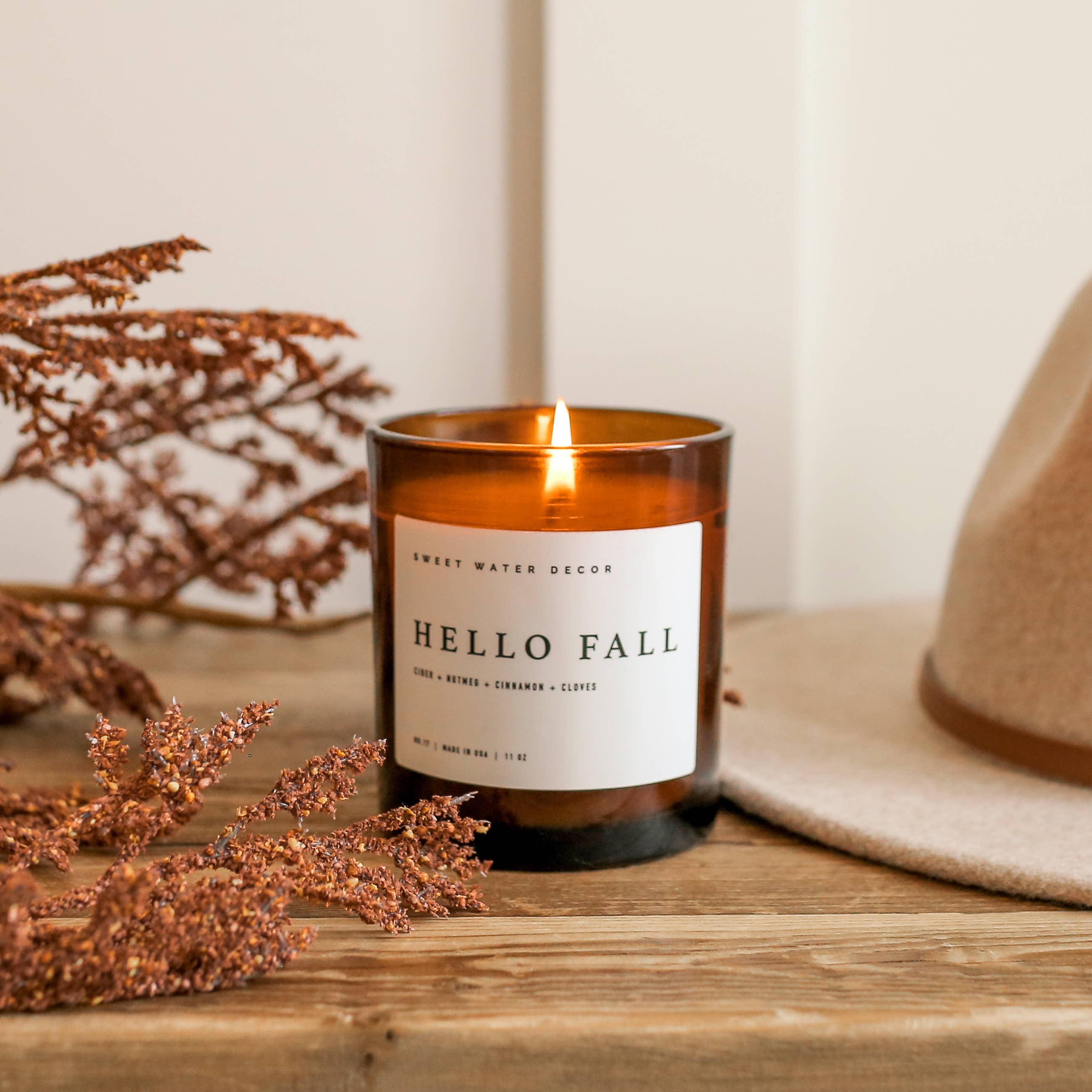Sweet Water Decor Hello Fall 11oz Candle in Amber Jar