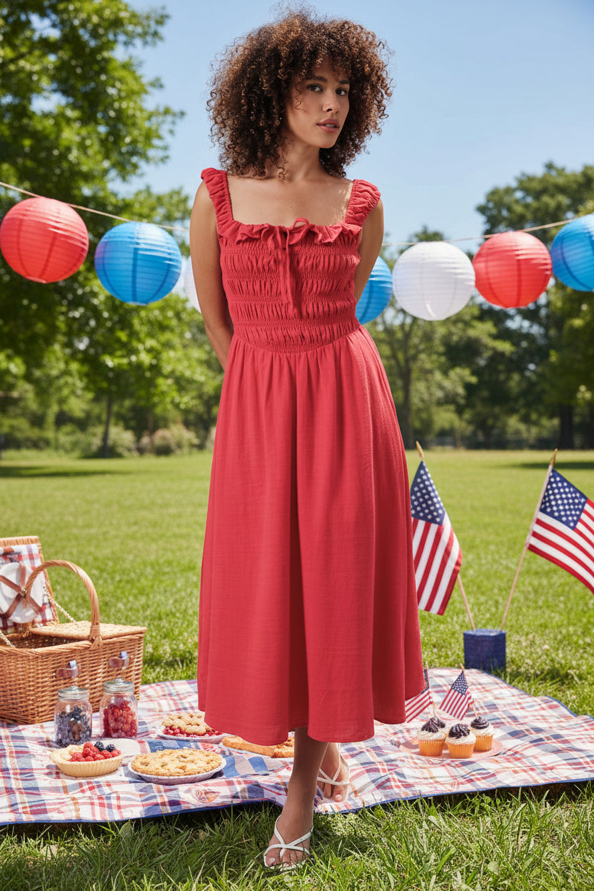 Woman wearing a red dress against a beige background