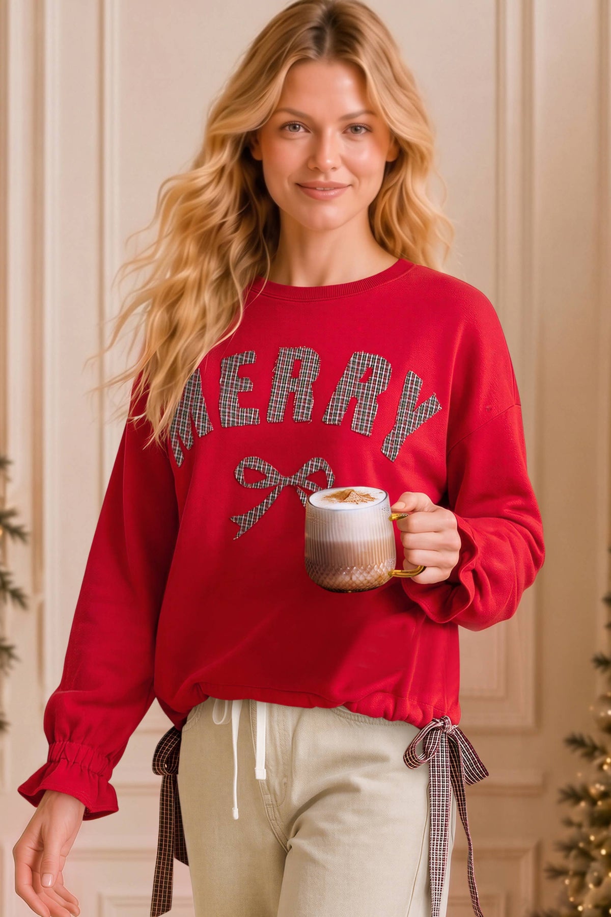 Main Strip - Merry Plaid Bow Christmas Sweatshirt