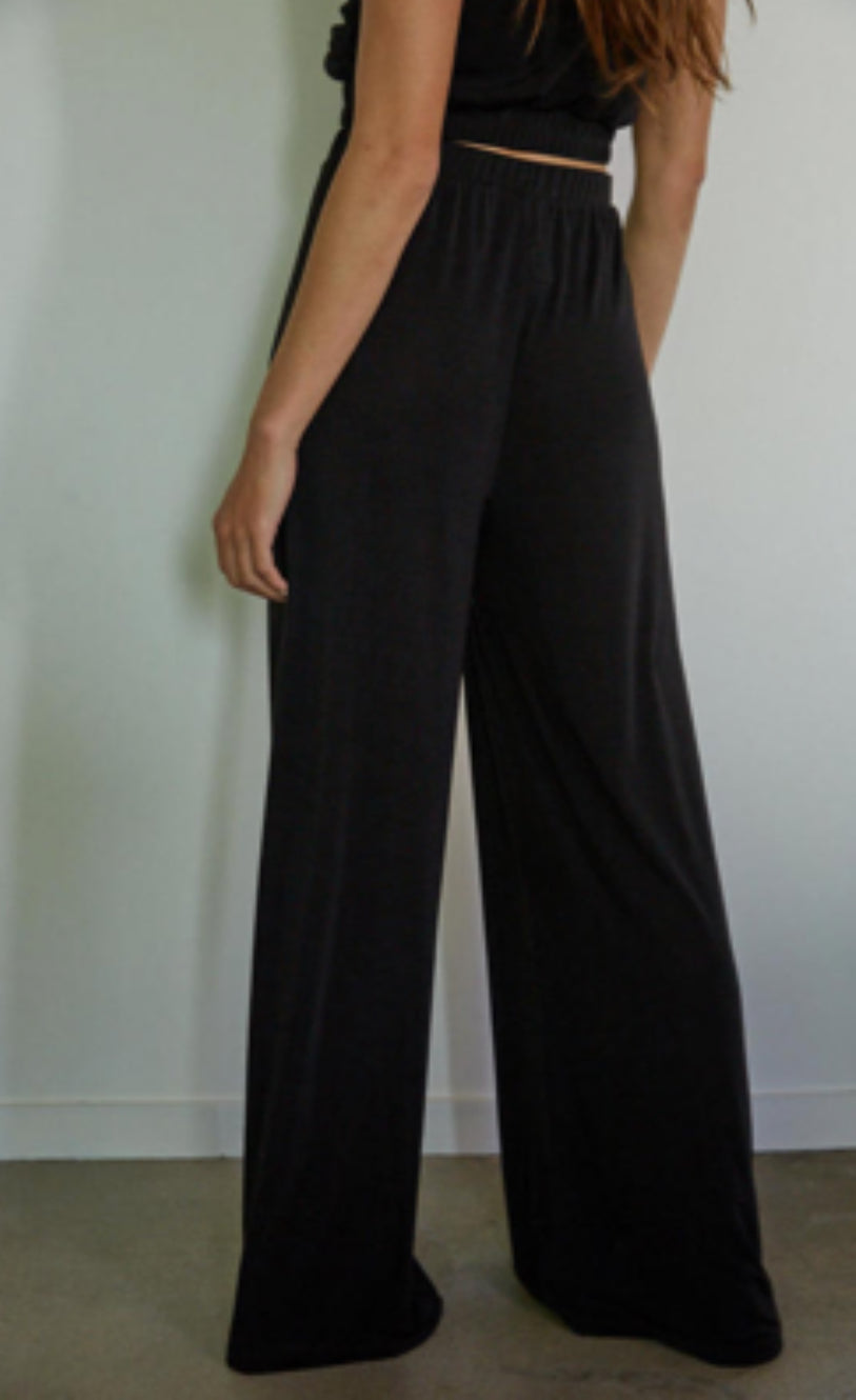 Person wearing black wide-leg pants against a plain background