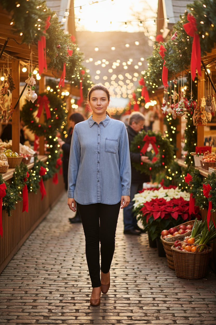 Person wearing a blue denim shirt and black pants on a white background