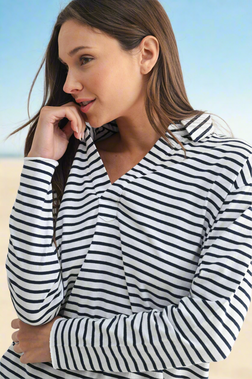 Mono B Coastal Cotton Striped Henley Tee