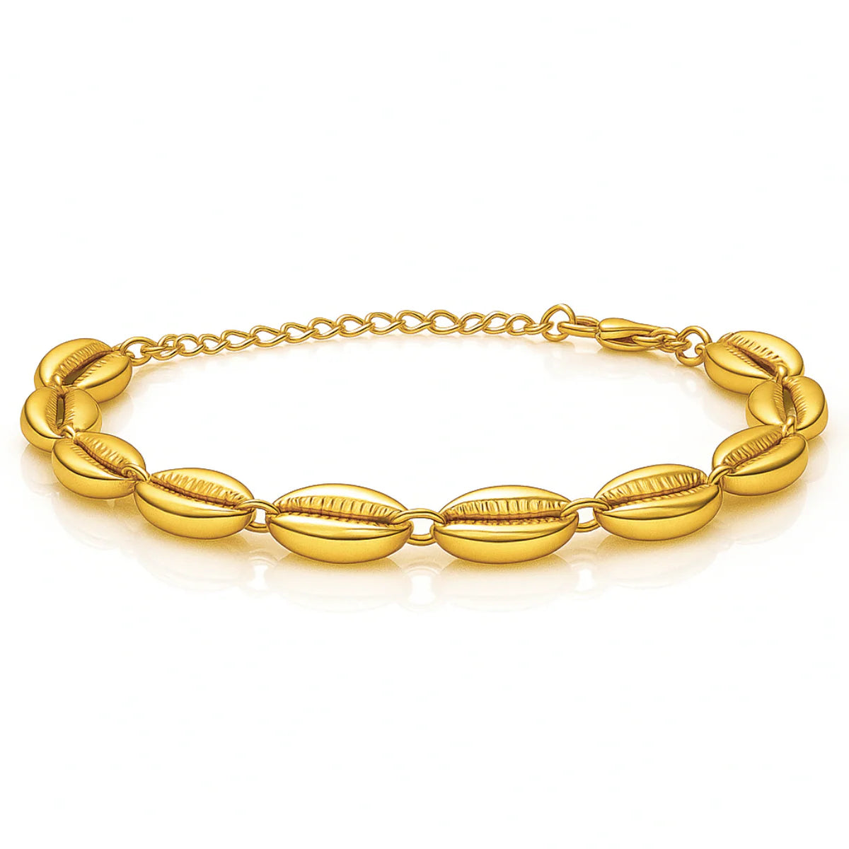 Gold bracelet with shell-like links on a white background
