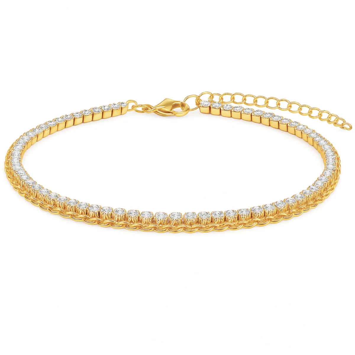 Gold bracelet with clear stones on a white background