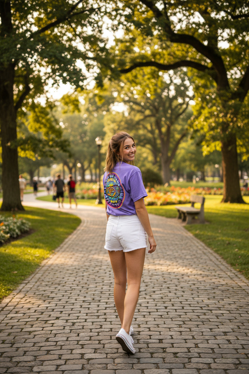 Purple t-shirt with colorful 'Peace Frogs' logo on the back, on a white background