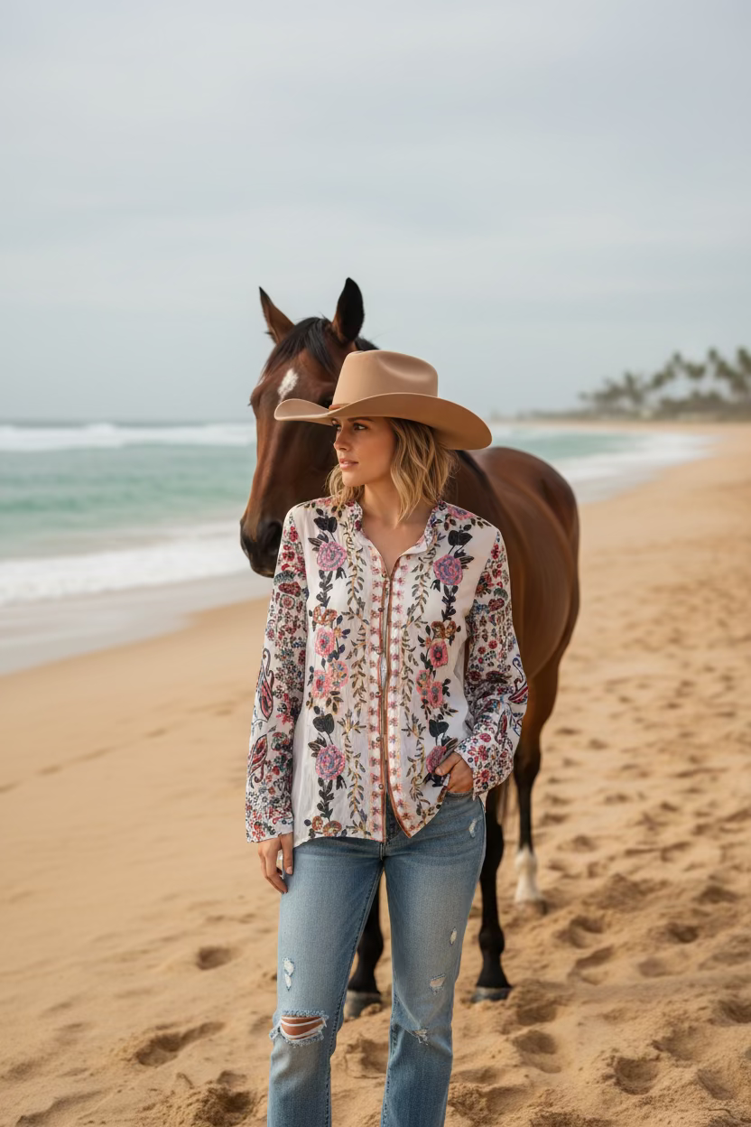 Floral patterned blouse on a hanger against a white background