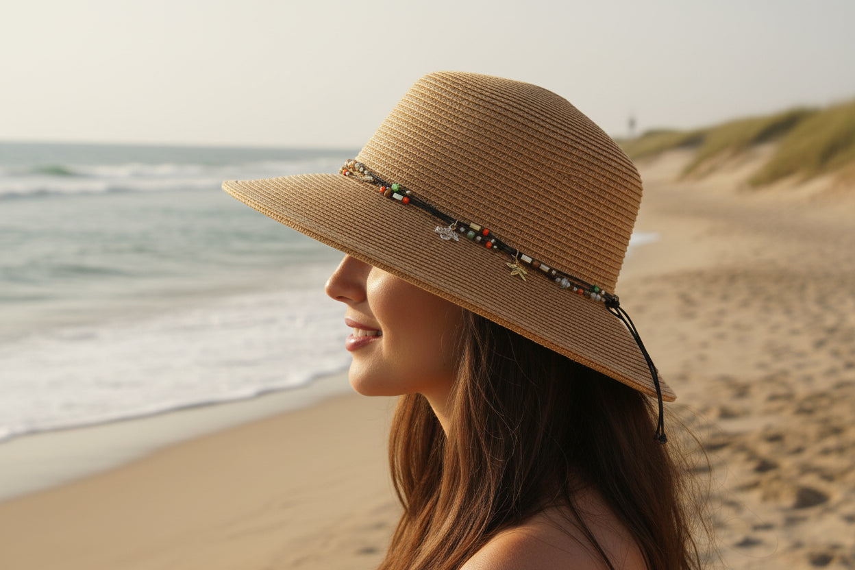 Brown straw hat with decorative band on a mannequin head against a white background