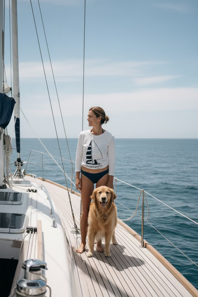 White t-shirt with sailboat design on a hanger against a white wall