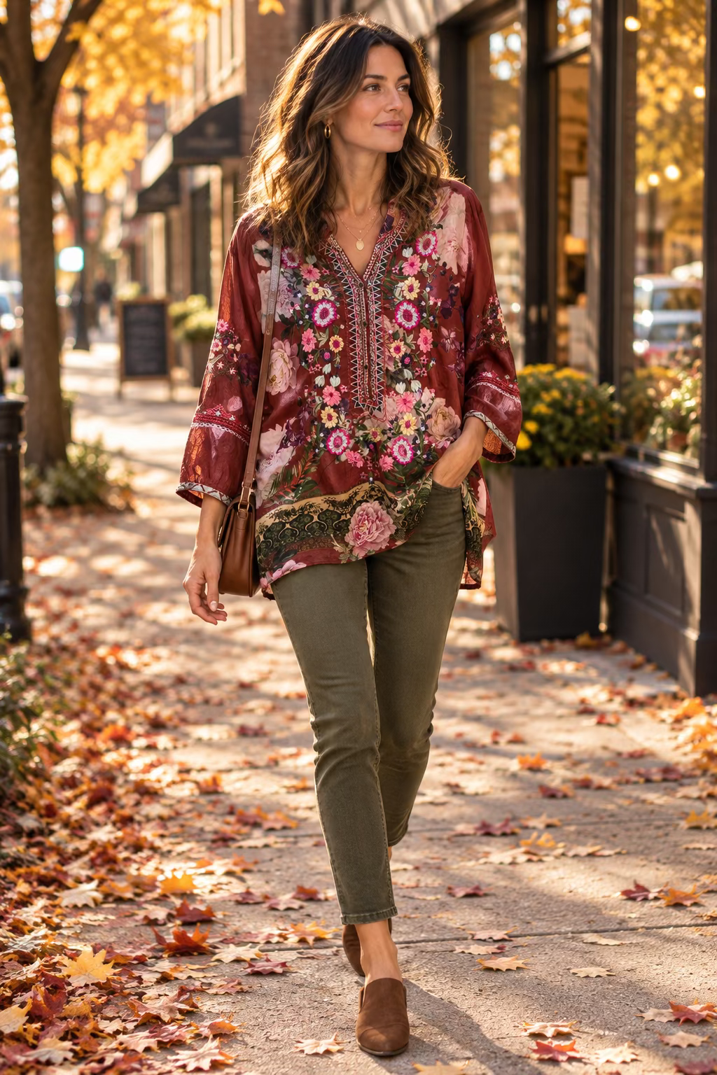 A long-sleeve tunic top with a reddish-brown base and a vibrant floral print, hanging on a black hanger against a white wall.