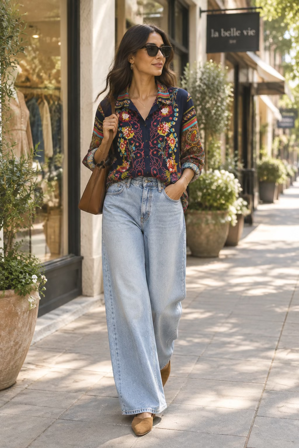 A long-sleeve button-up blouse with a navy blue base and intricate multicolor floral embroidery and paisley patterns, hanging on a black hanger against a white wall.