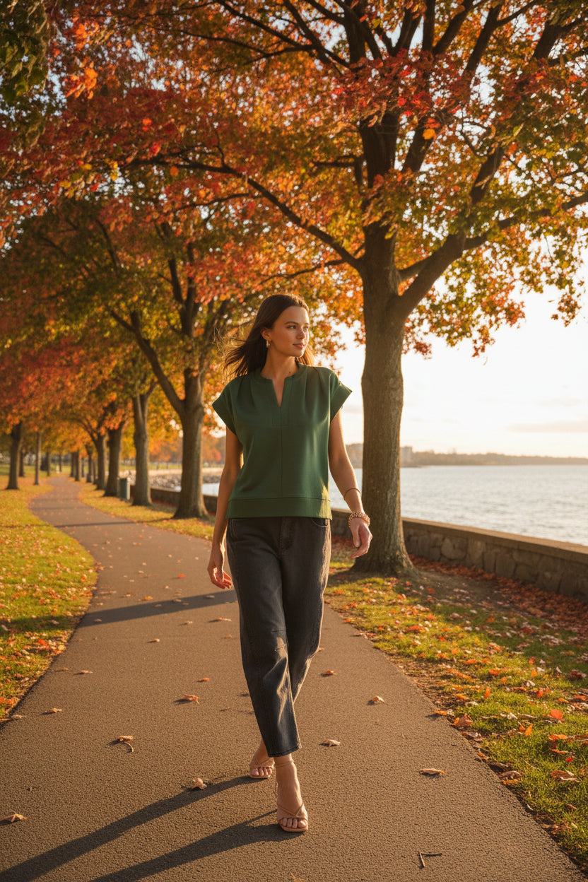 Woman wearing a green top and dark gray pants against a neutral background