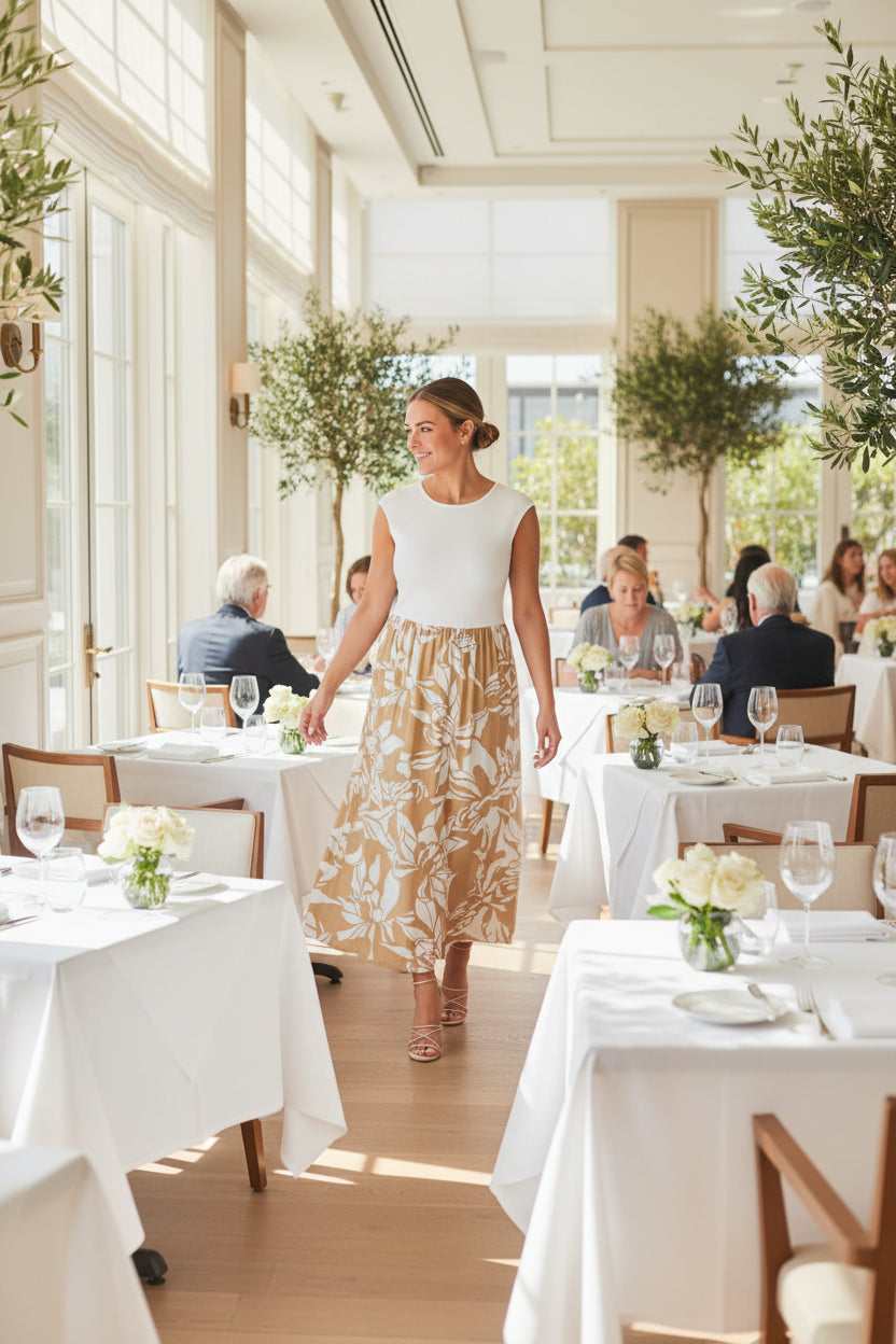 Woman wearing a white top and tan floral skirt on a white background