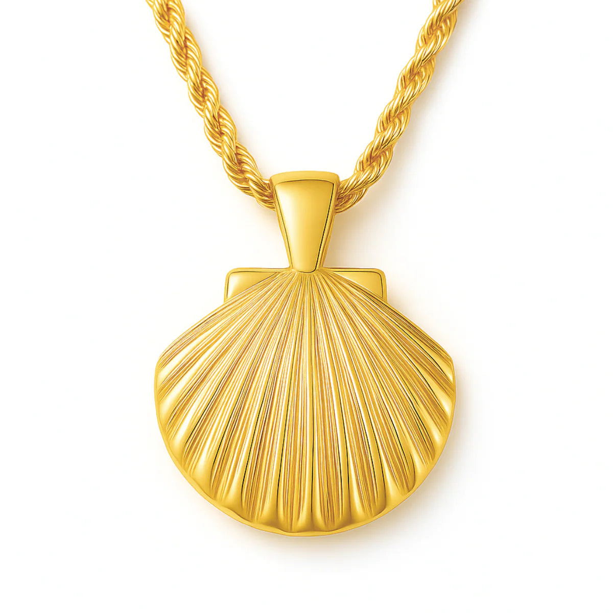 Gold shell pendant necklace on a white background