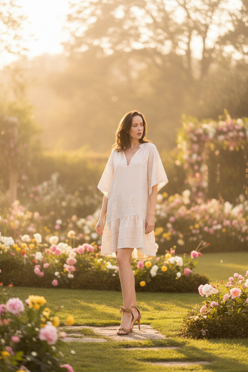 Woman wearing a white lace dress on a white background