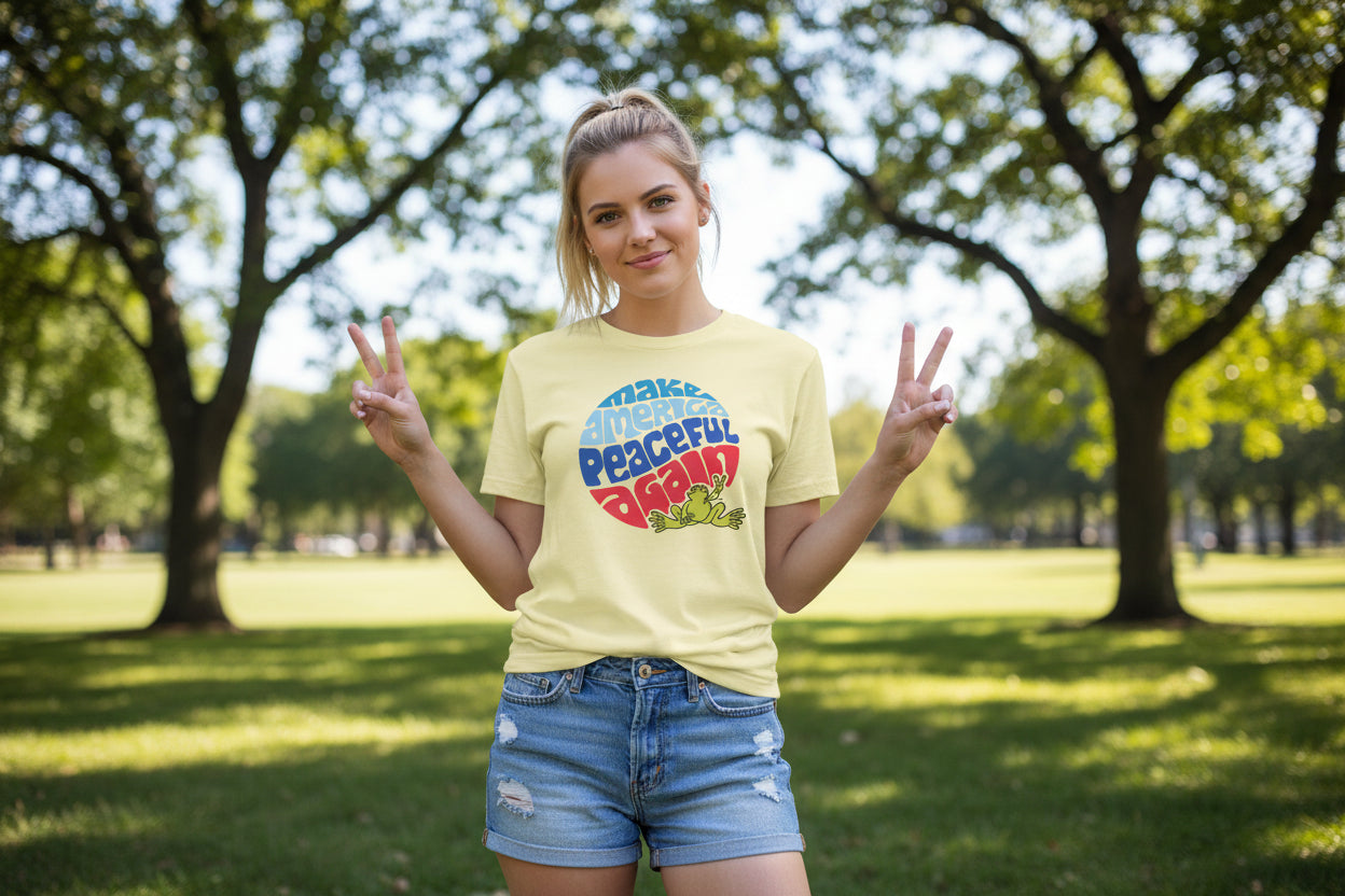 Yellow t-shirt with colorful graphic design on a white background