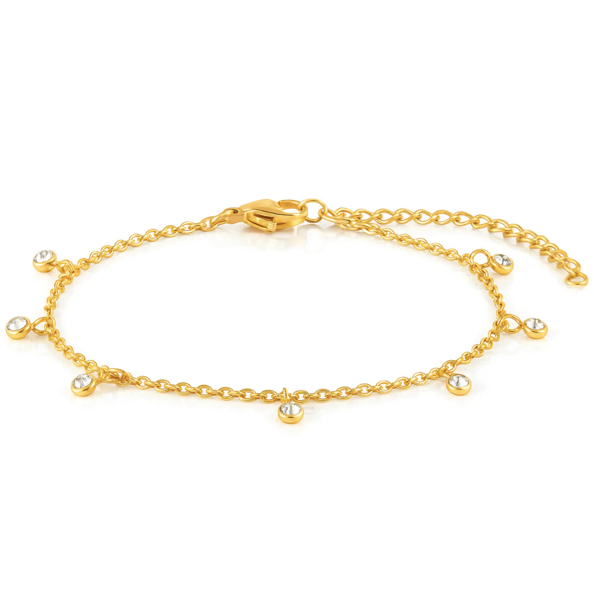 Gold bracelet with small round charms on a white background