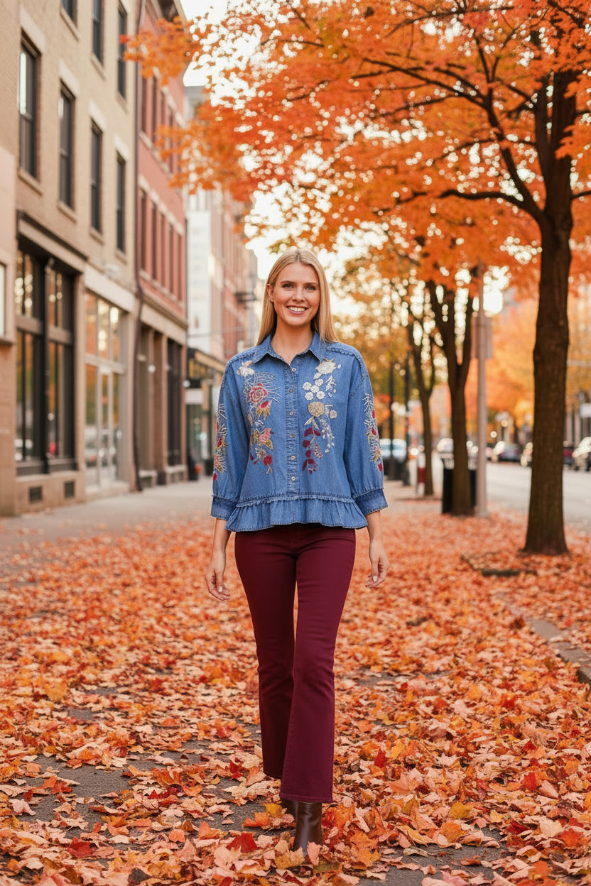 A woman modeling a light blue denim button-up shirt with colorful floral embroidery on the front and sleeves, paired with dark blue jeans against a plain white background.