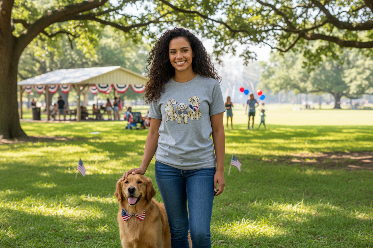 Woman wearing a gray t-shirt with dog graphics on a white background