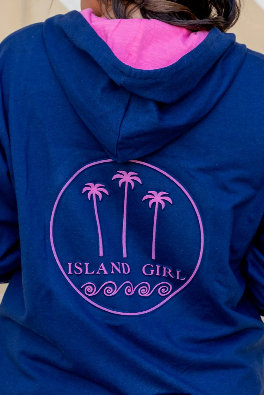 Blue hoodie with pink palm tree design and 'Island Girl' text on the back.