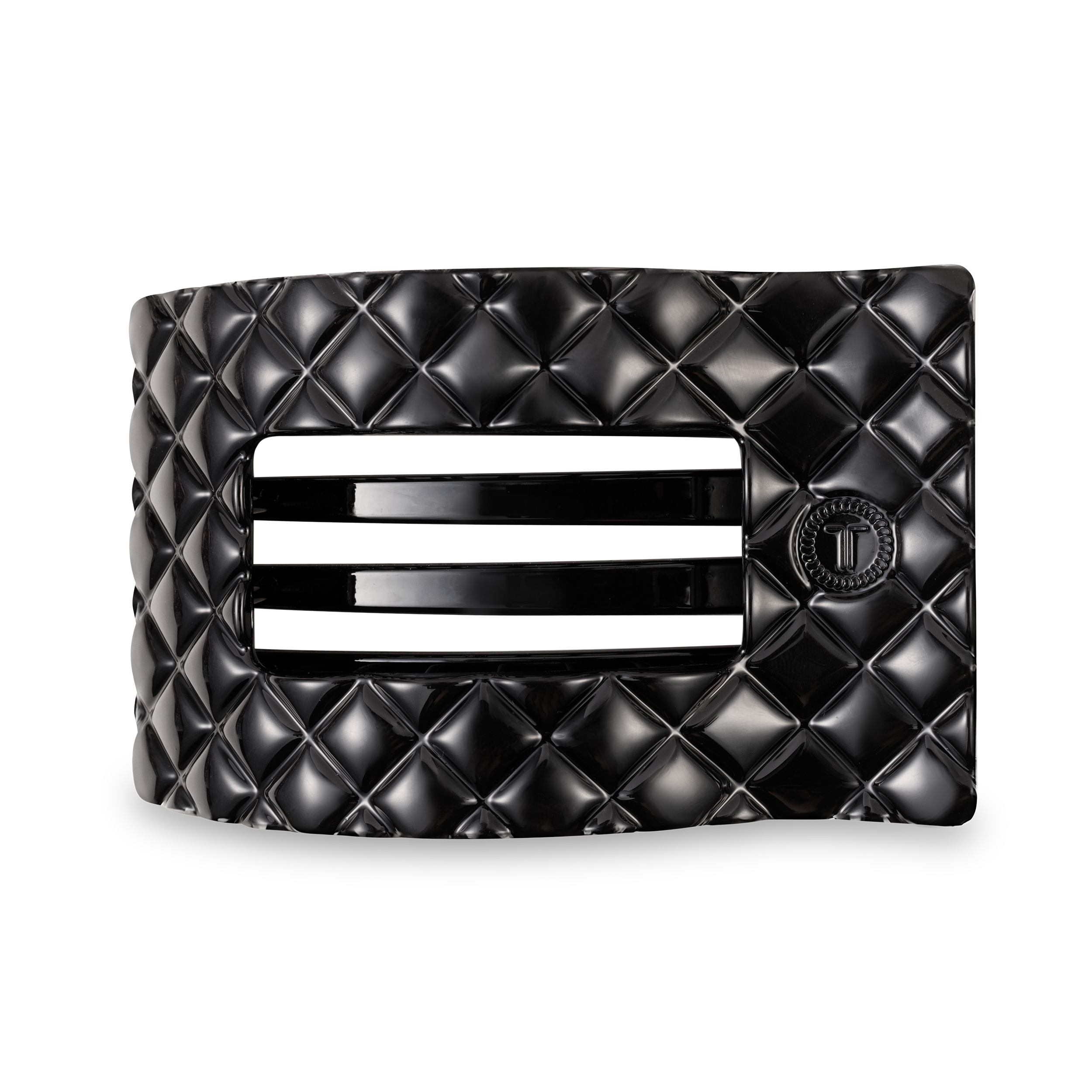 Black quilted clutch bag with a prominent brand logo on a white background