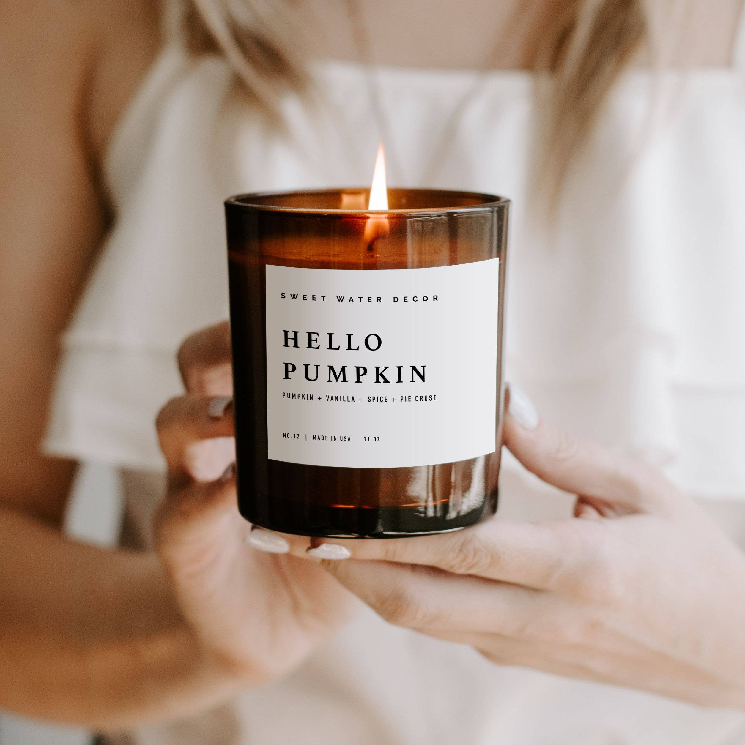 Sweet Water Decor Hello Pumpkin 11 oz Soy Candle in Amber Jar with Lid