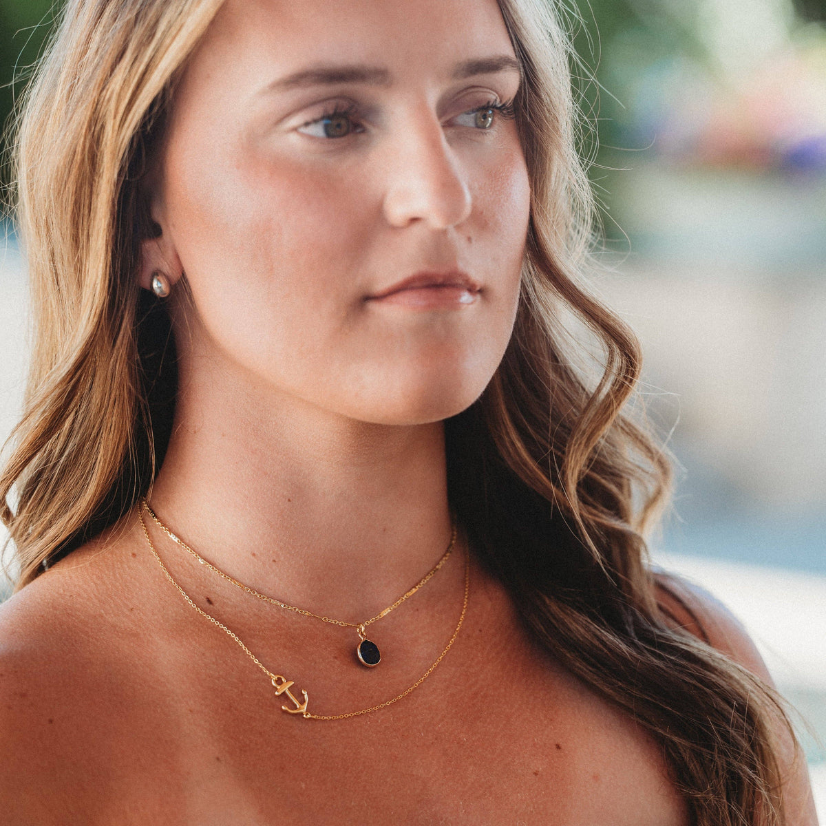 K'lani - Voyage Gold Anchor & Blue Faceted Stone Necklace Set