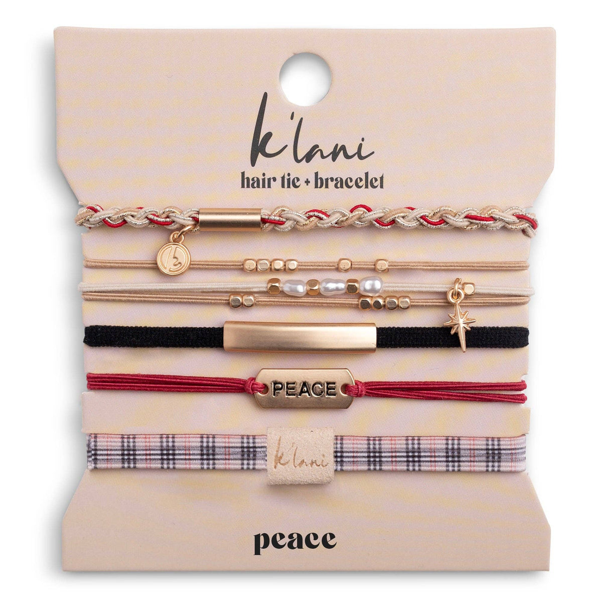 K'lani - Peace - Holiday Red & Cream Plaid Hair Tie Bracelets