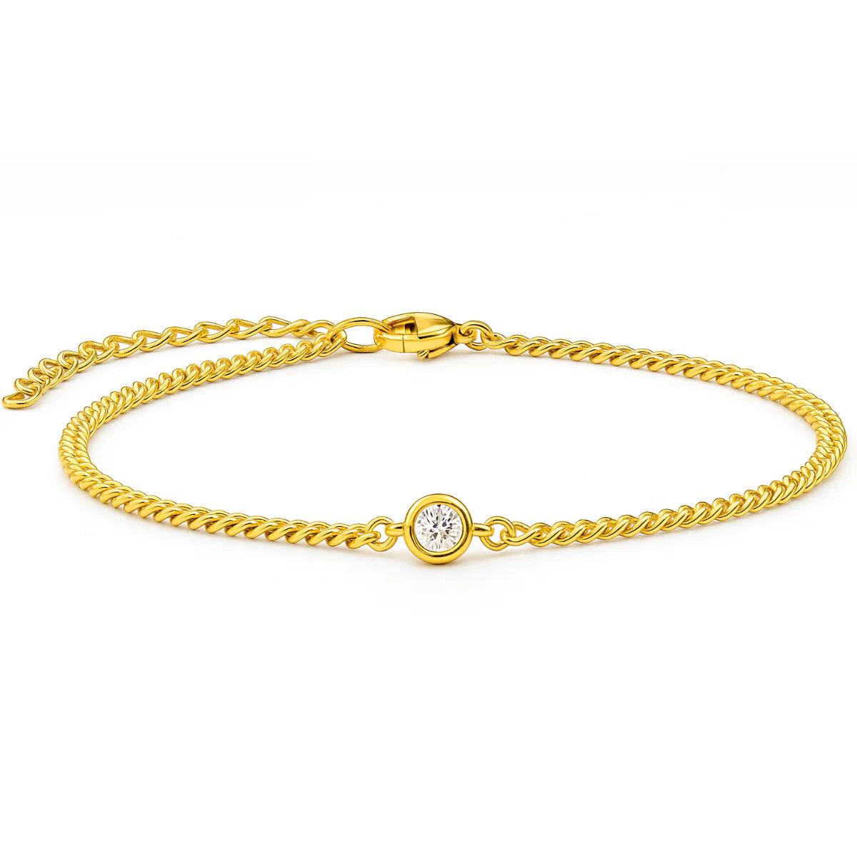 Gold chain bracelet with a diamond clasp on a white background