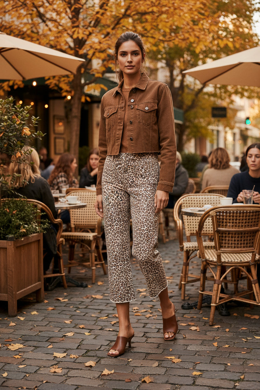 A person wearing cropped leopard-print pants with a beige base and brown/black animal spots, paired with a denim top and light sneakers, against a plain white background.