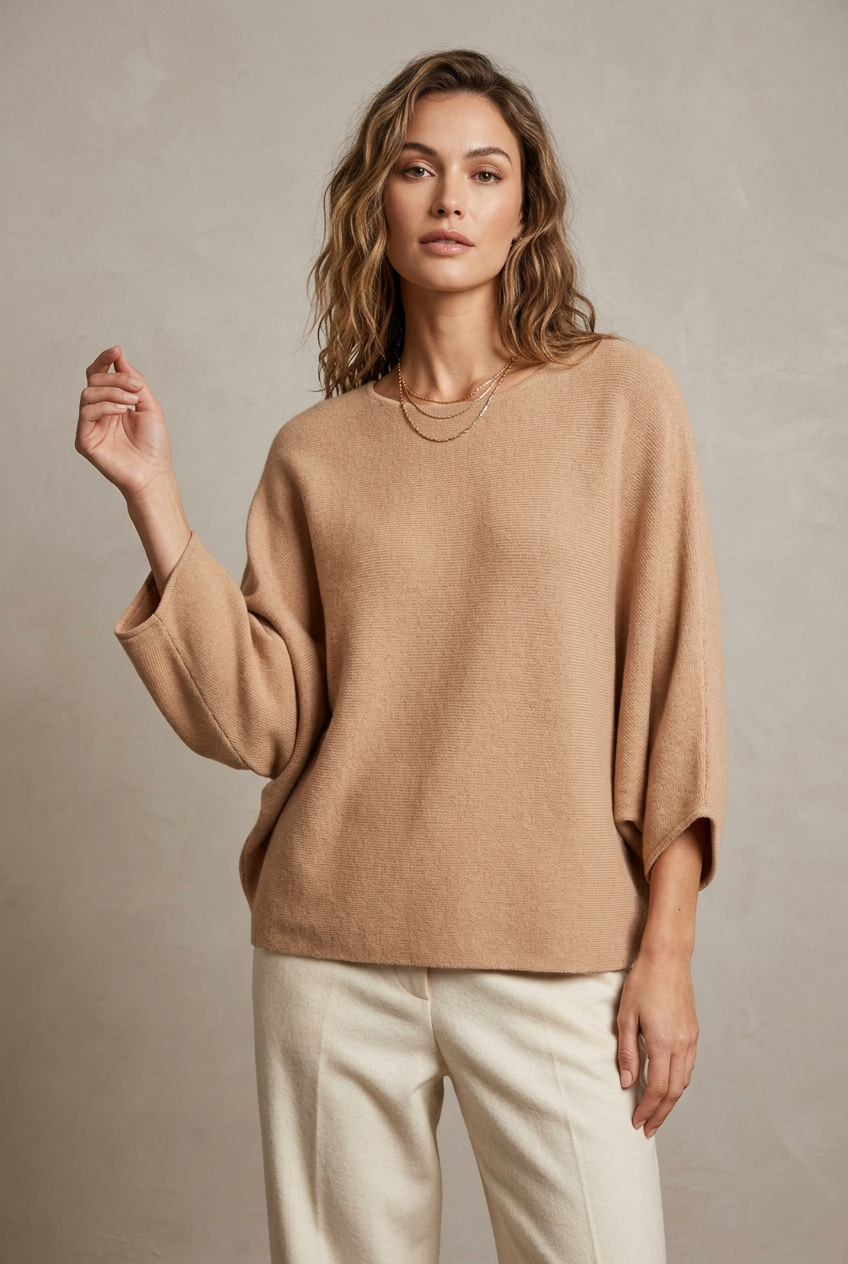 A beige knit sweater with a crew neck and wide three-quarter sleeves, hanging on a white hanger against a light gray wall with a gold horizontal rod at the top.